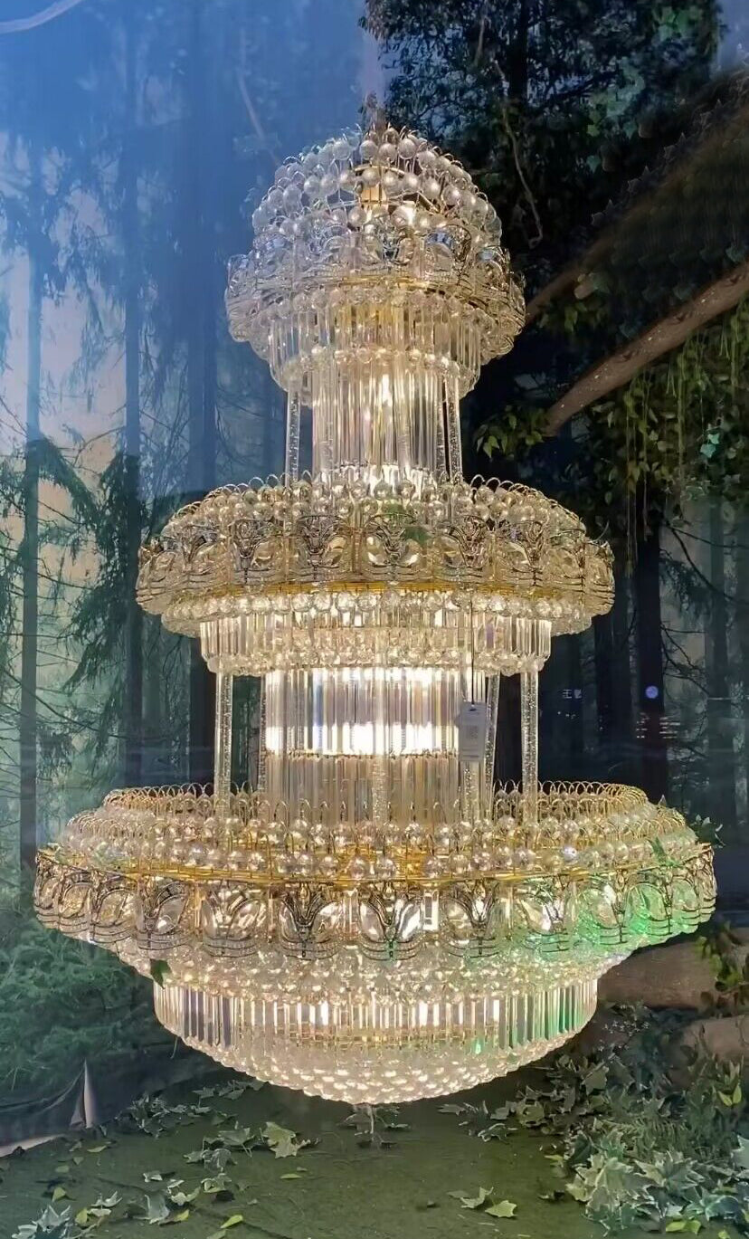 Golden Era Grand Cascade Fountain Empire 3-Tier Crystal Chandelier for High-ceiling