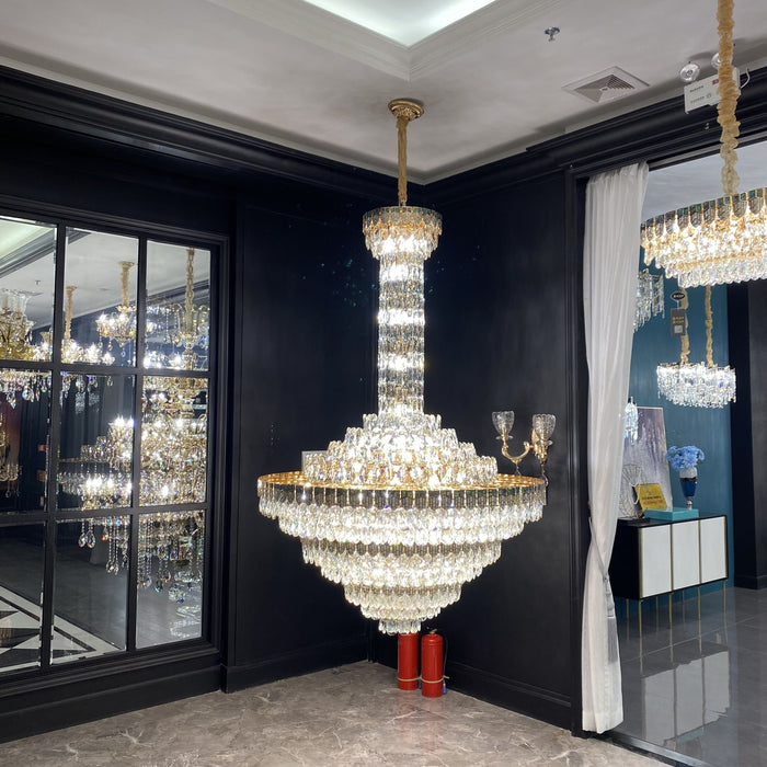 chandelier,chandeliers,pendant,crystal,metal,empire,round,long,oversized,extra large,extra long,large,big,huge,luxury,modern,light luxury,stairs,living room,hallway,entrys,foyer,tiers,layers,multi-tier,multi-layer,clear