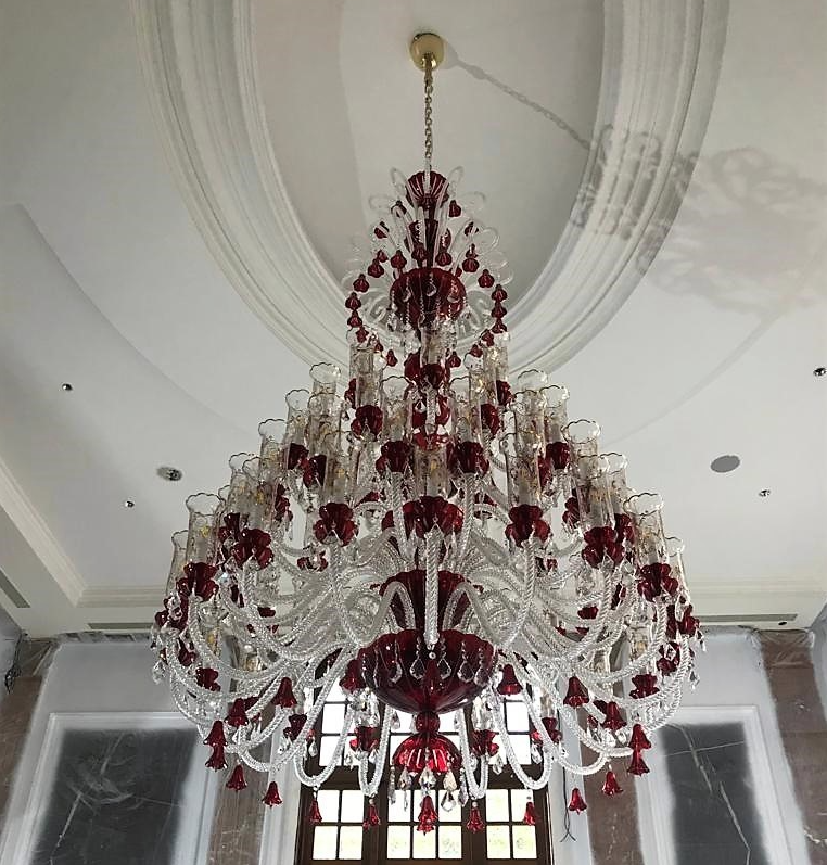 Oversized Traditional Red Glass Multi-layer Candle Branch Crystal Chandelier for Foyer/Stairs/Entrys/Hotel Lobby