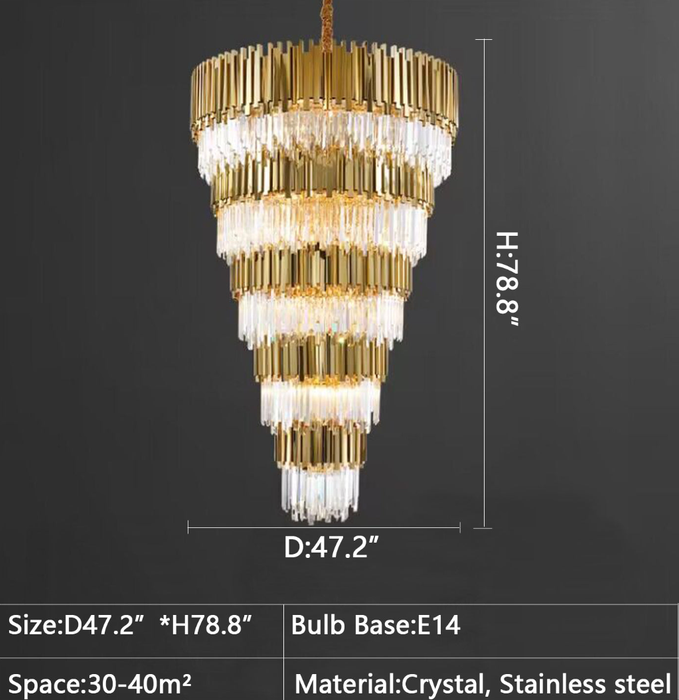 4 Layers: D47.2"*H78.8" chandelier,chandeliers,crystal,metal,gold,clear,round,multi-tier,multi-layer,tiers,layers,luxury,light luxury,round,rods,extra large,large,oversized,huge,big,long,stairs,living room,foyer,entrys,big hallway,duplex hall,loft