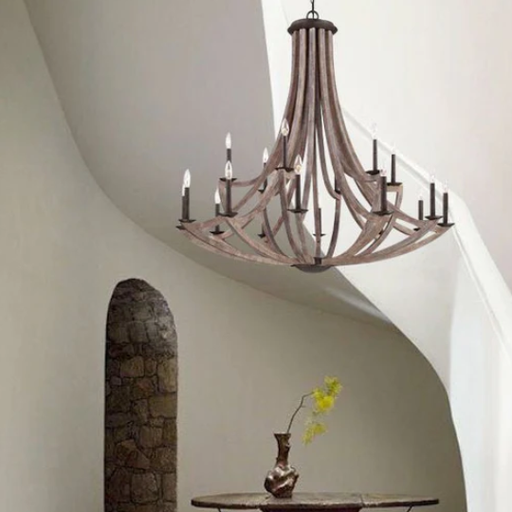 Osteria Foyer Reclaimed Wood Chandelier,chandelier,chandeliers,wood,wooden,candle,metal,iron,black iron,branch,candle light,ceiling,foyer,living room,dining room,bedroom,vintage,retro