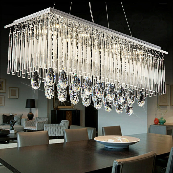 Rectangle Kitchen Island Crystal Drops Chandelier Ceiling Pendant Light For Long Dining Table