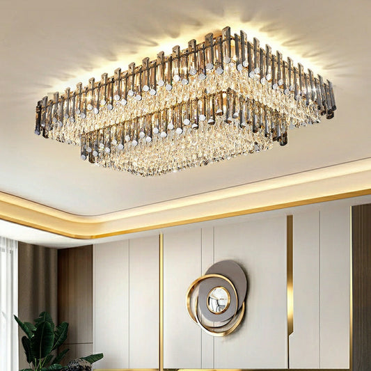 Rectangle Flush Mounted Living Room Chandelier Crystal Ceiling Light Fixture For Long Dining Table