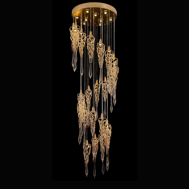 Extra Long Spiral Branch Shade Raindrop Crystal Pendant Chandelier for Staircase/Foyer/Living Room