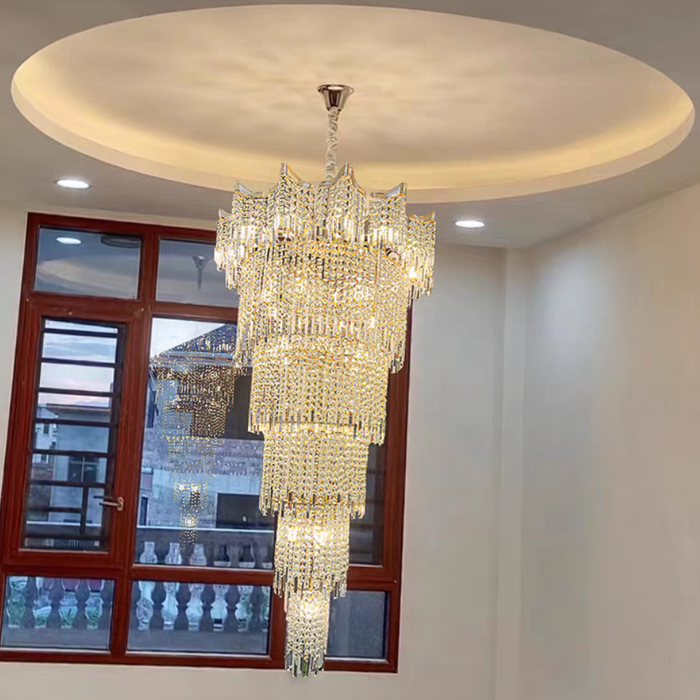 Oversized Creative Luxury Multi-layer Round Crystal Chandelier Long Hanging Light Fixture for Big Hallway/ Entryway/ Hotel Lobby
