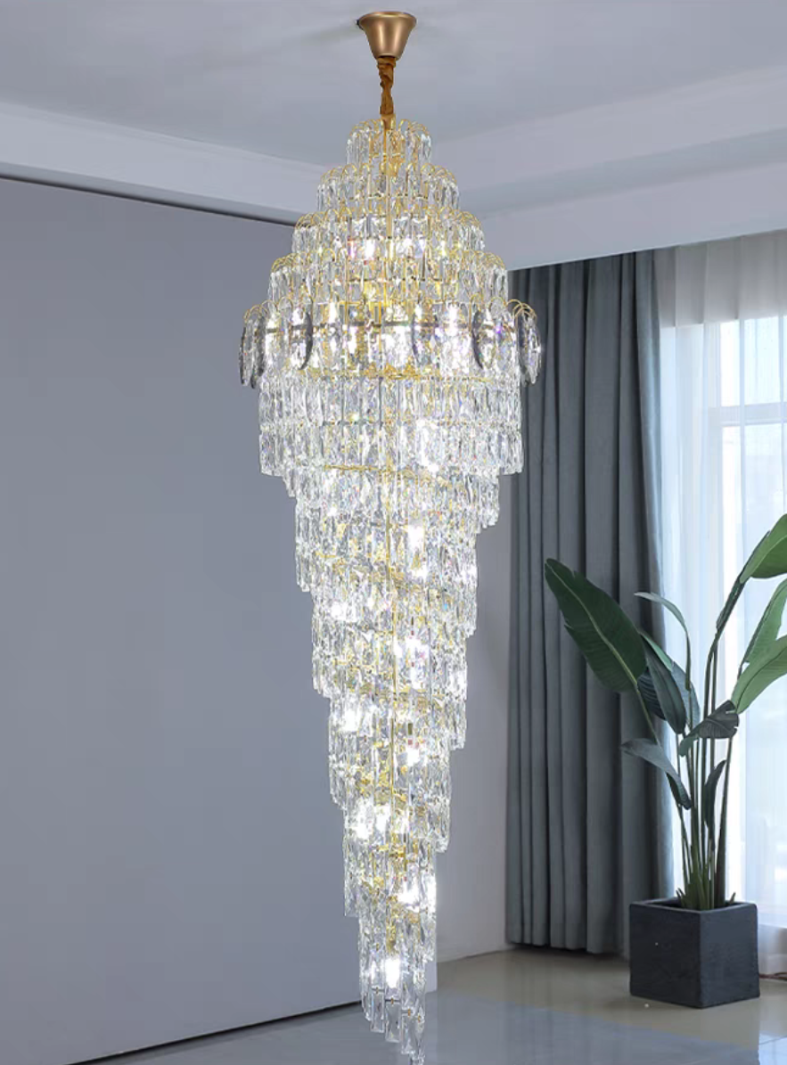 Lustre extra large en spirale moderne en cristal chromé/doré pour hall d'entrée/escalier/hall d'hôtel
