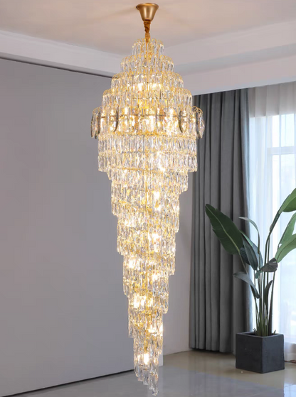 Lustre extra large en spirale moderne en cristal chromé/doré pour hall d'entrée/escalier/hall d'hôtel