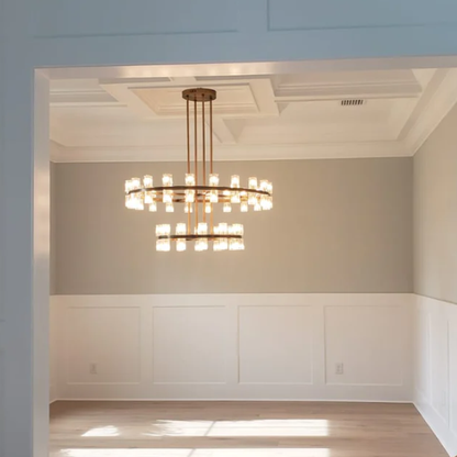 Oversized Round 2 Layers Crystal Pendant Brass Rings Chandelier for Foyer/Living/Dining Room
