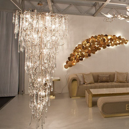 Livio Round Foyer Branching Teardrop Chandelier,chandelier,chandeliers,crystal,teardrop,raindrop,brass,copper,branch,round,tiers,rings,pendant,clear,gold,living room,foyer,entryance,stairs,extra large,large,oversized,huge,big,long