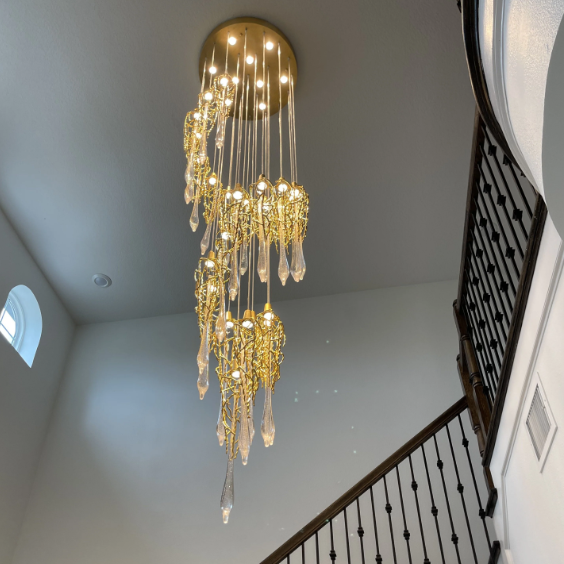 Extra Long Spiral Branch Shade Raindrop Crystal Pendant Chandelier for Staircase/Foyer/Living Room