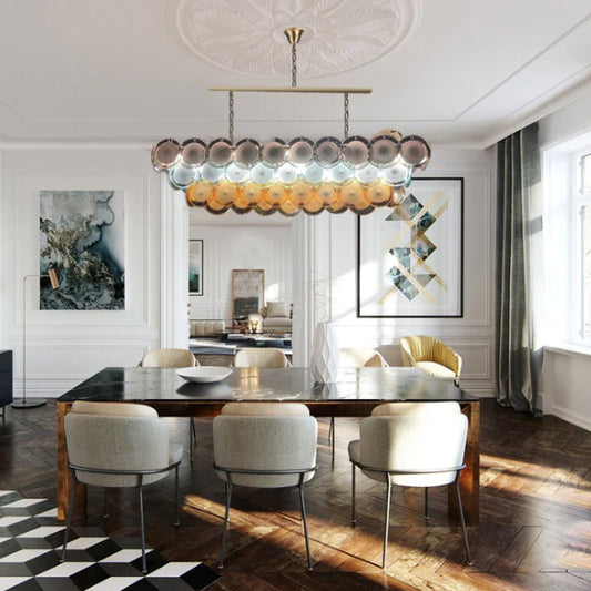 Bettina Murano Rectangle/ Linear Glass Chandelier,chandelier,chandeliers,glass,metal,colorful,stained,smoke,green,amber,tier,layers,multi-tier,multi-layer,round,rectangle,dining room,kitchen island,bar,dining table,long table,living room,dining bar,kitchen bar