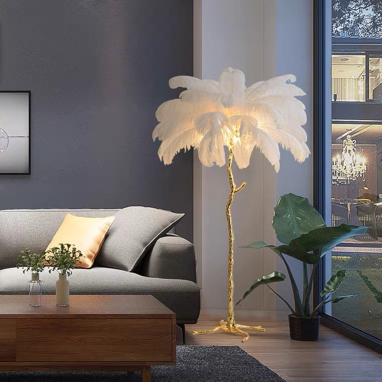 Ostrich Feather Floor Lamp Living Room Pure Copper Luxury Tree-Shaped Decoration Light