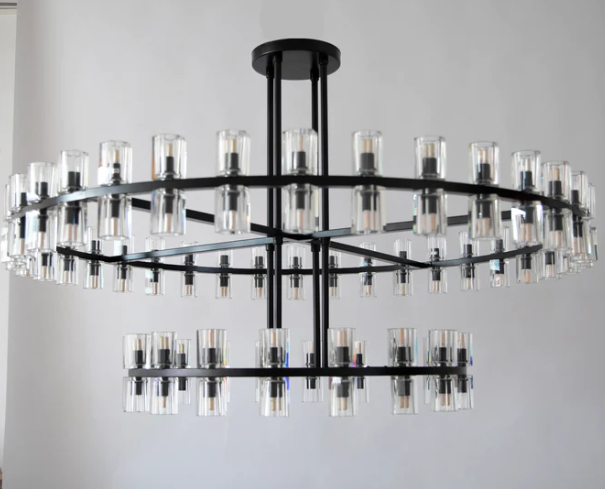 Oversized Round 2 Layers Crystal Pendant Brass Rings Chandelier for Foyer/Living/Dining Room
