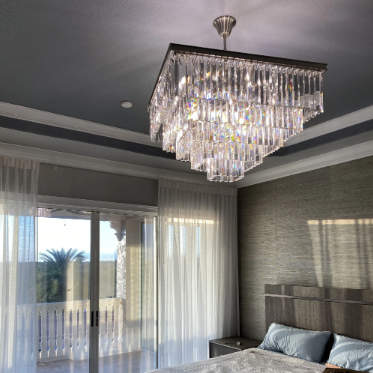 chandelier,chandeliers,crystal,rectangle,square,tiers,layers,5 tiers,5 layers,living room,chrome,black,clear,transparent,dining room,foyer,entryance,bedroom