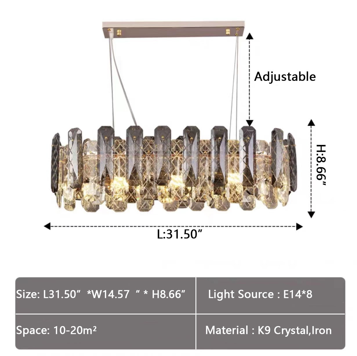 Modern Smoke Gray Crystal Chandelier Gleamy Pendant Light Fixture for Living/ Dining Room/ Bedroom/ Home Office