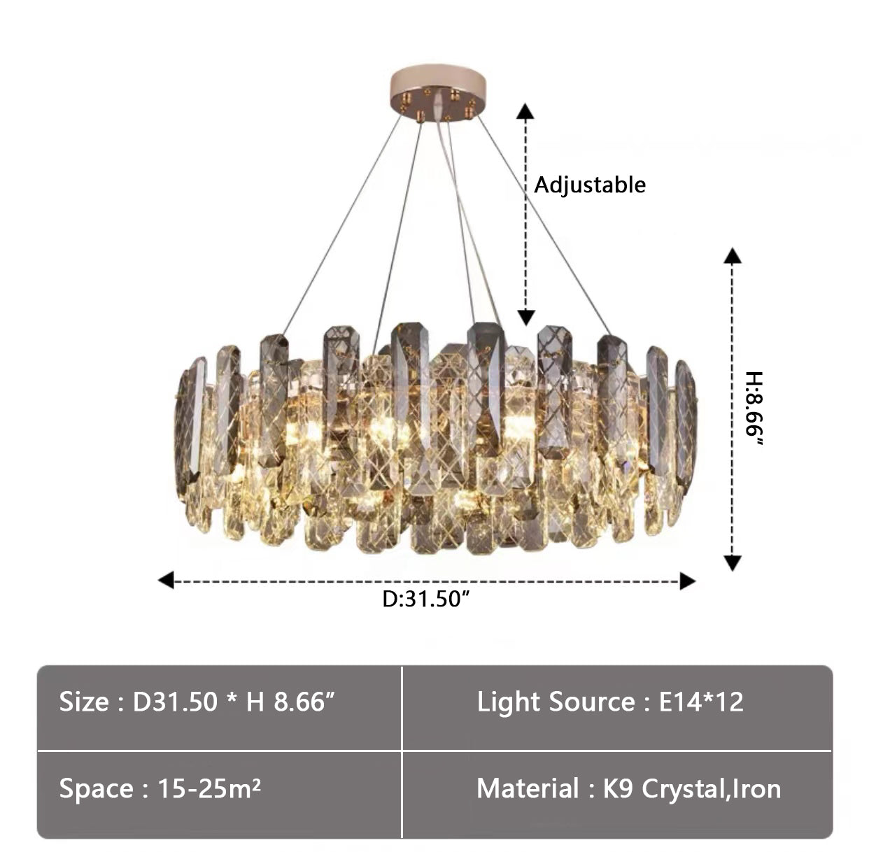 Modern Smoke Gray Crystal Chandelier Gleamy Pendant Light Fixture for Living/ Dining Room/ Bedroom/ Home Office