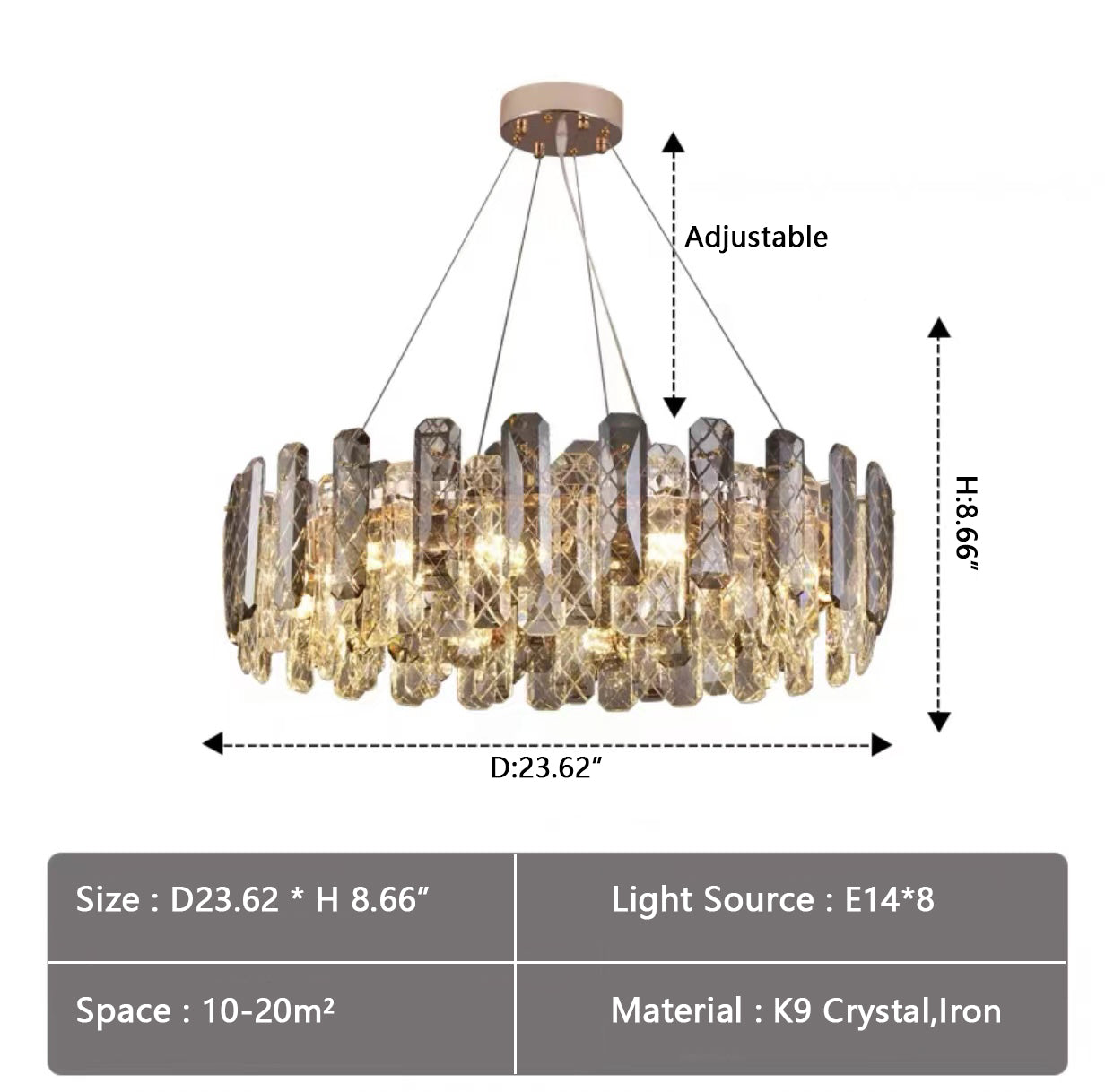 Modern Smoke Gray Crystal Chandelier Gleamy Pendant Light Fixture for Living/ Dining Room/ Bedroom/ Home Office