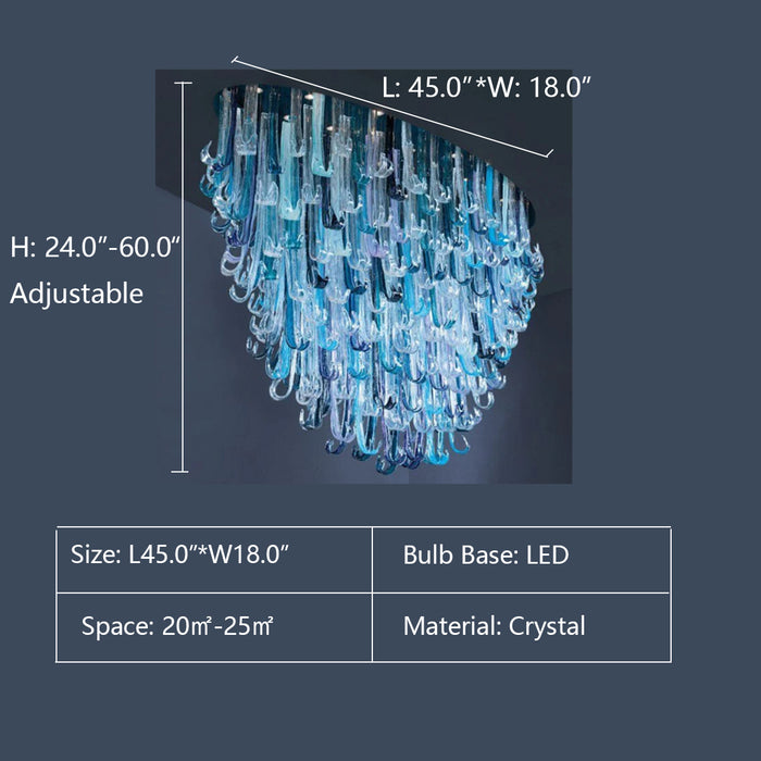 Round: D32.0" BLUE RAINFALL / WATERFALL MURANO GLASS CHANDELIER,chandelier,chandeliers,flush mount,ceiling,sea wave,blue,crystal,tiers,layers,oval,round,art,creative,foyer,living room,dining room,stairs