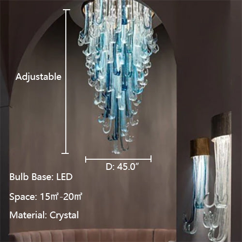 Oval: L56.0"*W18.0" BLUE RAINFALL / WATERFALL MURANO GLASS CHANDELIER,chandelier,chandeliers,flush mount,ceiling,sea wave,blue,crystal,tiers,layers,oval,round,art,creative,foyer,living room,dining room,stairs
