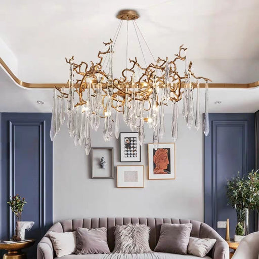 LUKAS EXTENDED TEARDROP BRANCHING BRASS ROUND CHANDELIER,chandelier,chandeliers,crystal,branch,gold,brass,copper,raindrop,ceiling,living long,extra large,oversized,big,huge,large,long table,big table,dining table,kitchen island,kitchen bar,dining bar