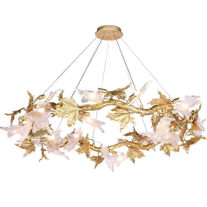Post-modern Artistic Gold Branch Brass and Crystal Maple Leaves Pendnat Light for Living/Dining Room
