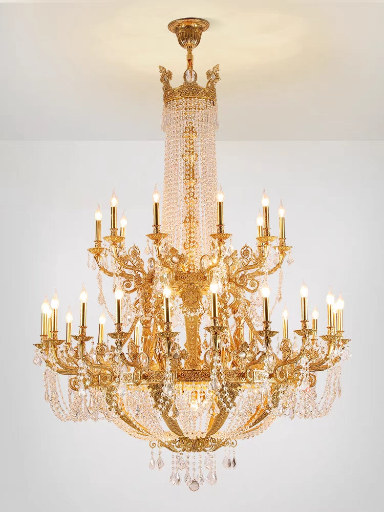 Extra Large Luxury Golden Empire Candle Raindrop Crystal Pendant Chandelier for Duplex Hall/Foyer/Stairs/Hotel Lobby
