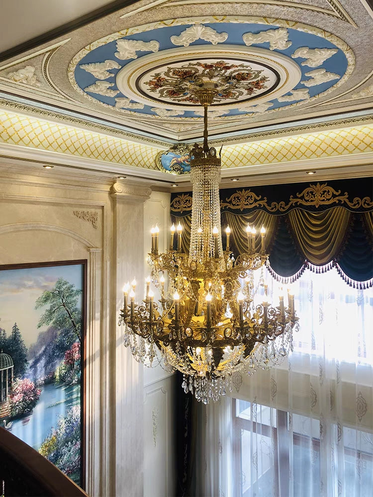 Extra Large Luxury Golden Empire Candle Raindrop Crystal Pendant Chandelier for Duplex Hall/Foyer/Stairs/Hotel Lobby