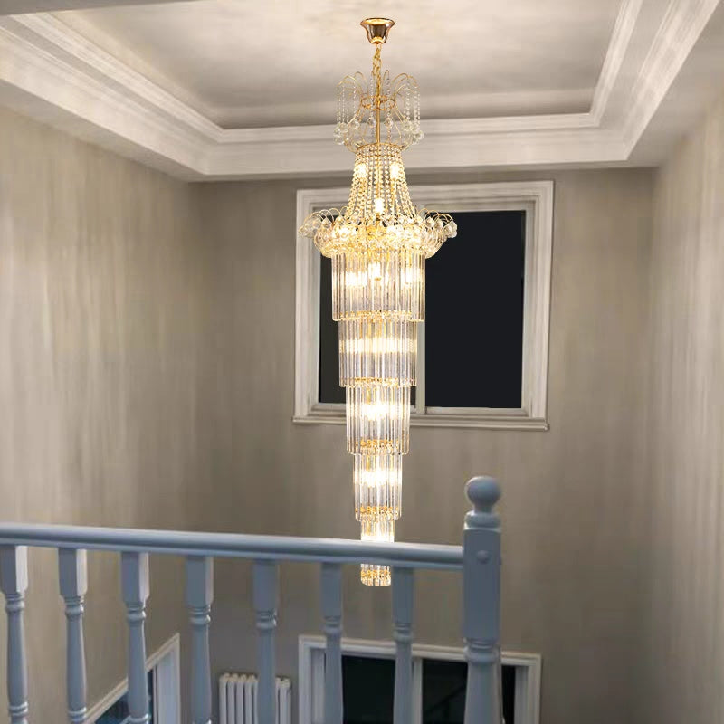 Lampadario di cristallo di lusso a più livelli extra lungo in oro per soggiorno/atrio/scale/hall dell'hotel