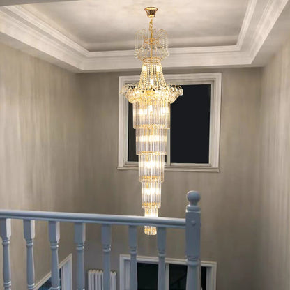 Lampadario di cristallo di lusso a più livelli extra lungo in oro per soggiorno/atrio/scale/hall dell'hotel