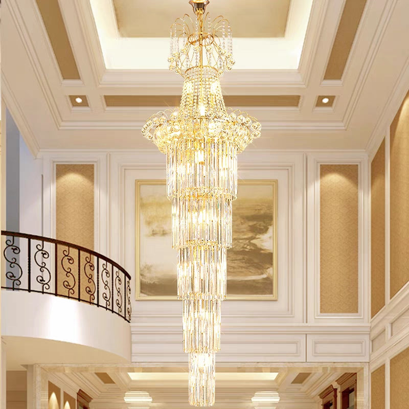 Lampadario di cristallo di lusso a più livelli extra lungo in oro per soggiorno/atrio/scale/hall dell'hotel