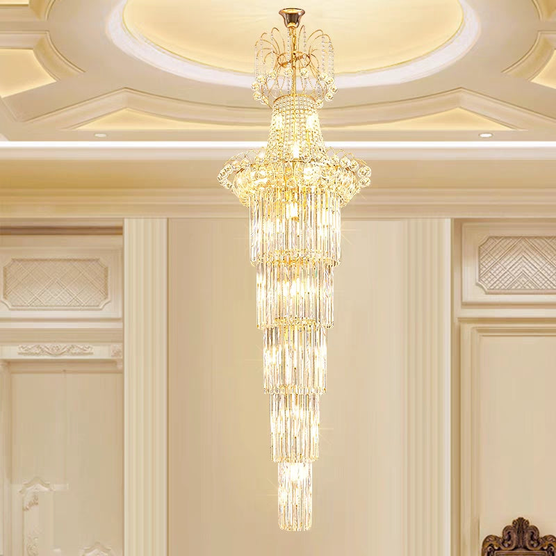 Lampadario di cristallo di lusso a più livelli extra lungo in oro per soggiorno/atrio/scale/hall dell'hotel
