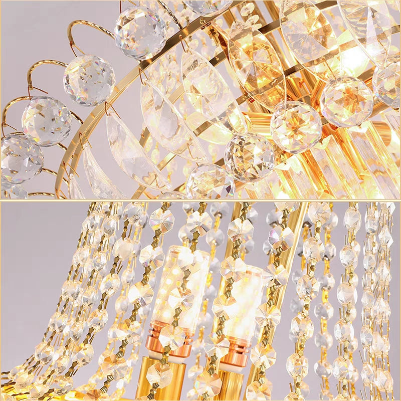 Lampadario di cristallo di lusso a più livelli extra lungo in oro per soggiorno/atrio/scale/hall dell'hotel