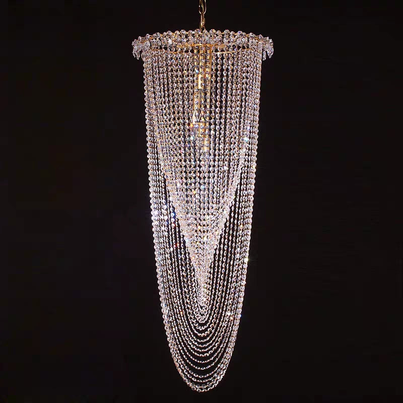 Extra Long Light Luxury Tiered Tassel Watefall Crystal Chandelier for Spiral Staircase/Villa/Hotel Lobby/Foyer