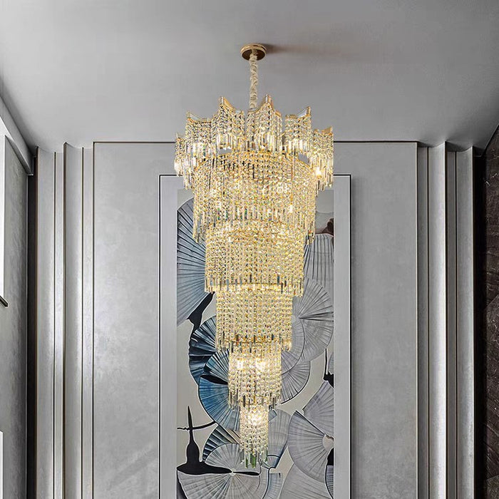 Oversized Creative Luxury Multi-layer Round Crystal Chandelier Long Hanging Light Fixture for Big Hallway/ Entryway/ Hotel Lobby