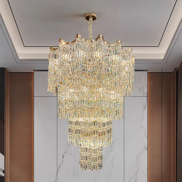 Oversized Creative Luxury Multi-layer Round Crystal Chandelier Long Hanging Light Fixture for Big Hallway/ Entryway/ Hotel Lobby