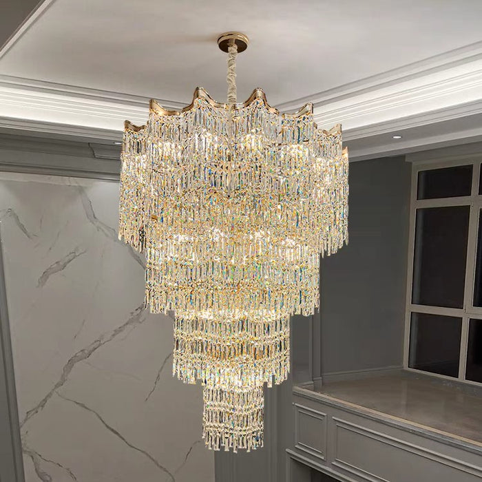 Oversized Creative Luxury Multi-layer Round Crystal Chandelier Long Hanging Light Fixture for Big Hallway/ Entryway/ Hotel Lobby