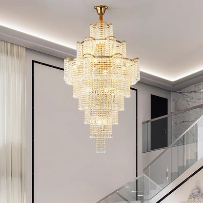 Extra Large Ligh Luxury Multi-layer Flower Crystal Pendant Long Chandelier for Living Room/Foyer/Hotel Lobby