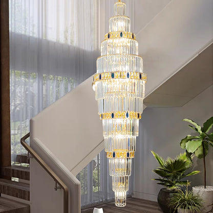 Extra Large Gold Multi-layers Clear Crystal Long Chandelier for Staircase/Big Foyer/Hallway/Hotel Lobby