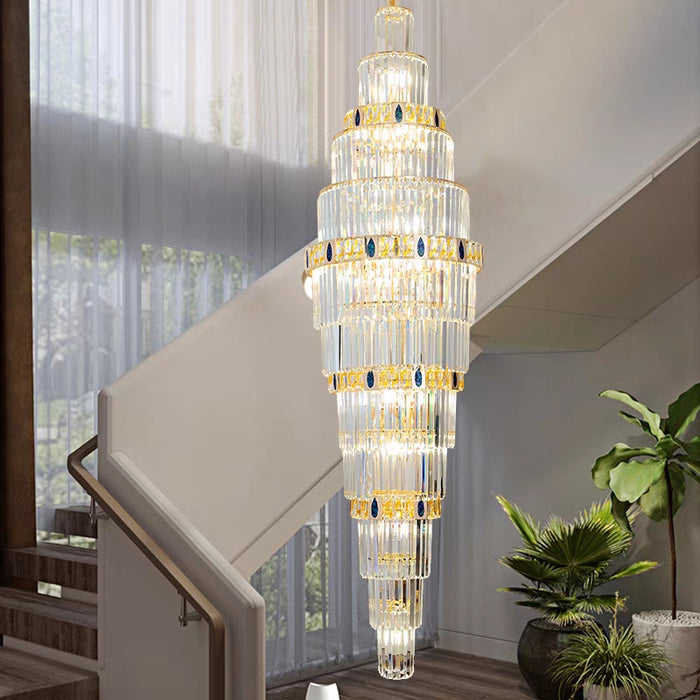 Extra Large Gold Multi-layers Clear Crystal Long Chandelier for Staircase/Big Foyer/Hallway/Hotel Lobby