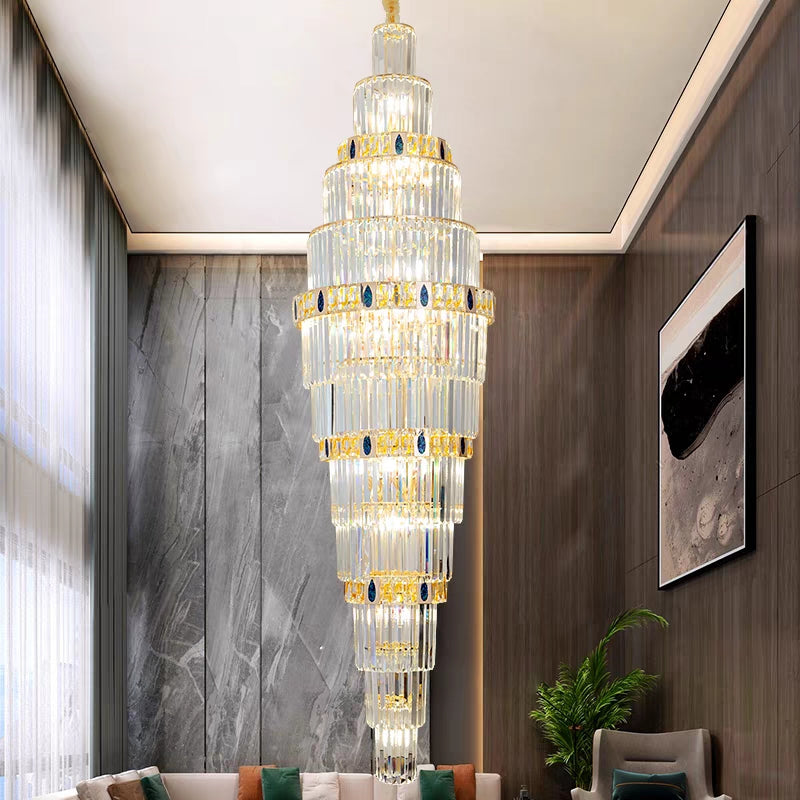 Extra Large Gold Multi-layers Clear Crystal Long Chandelier for Staircase/Big Foyer/Hallway/Hotel Lobby