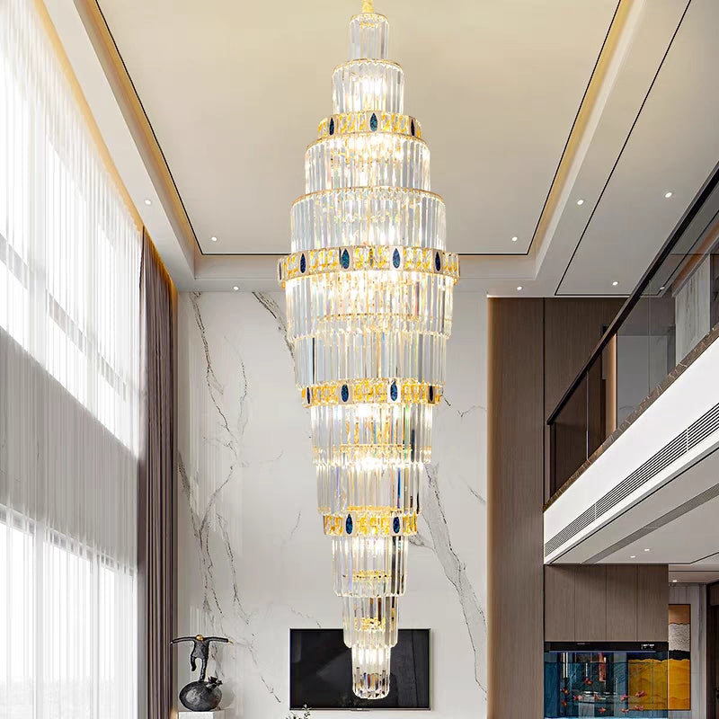 Extra Large Gold Multi-layers Clear Crystal Long Chandelier for Staircase/Big Foyer/Hallway/Hotel Lobby