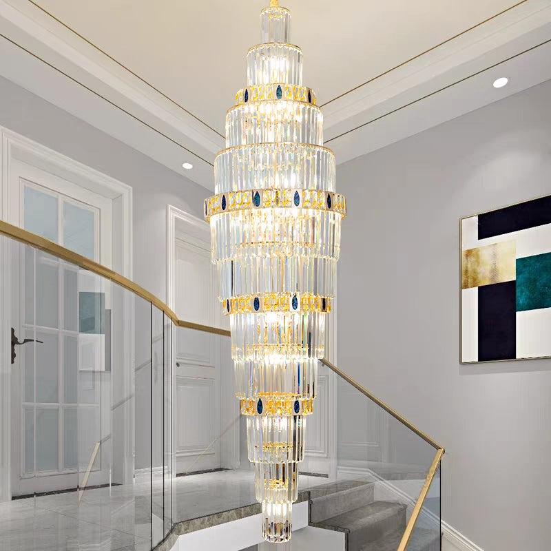 Extra Large Gold Multi-layers Clear Crystal Long Chandelier for Staircase/Big Foyer/Hallway/Hotel Lobby