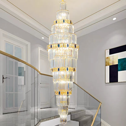 Extra Large Gold Multi-layers Clear Crystal Long Chandelier for Staircase/Big Foyer/Hallway/Hotel Lobby