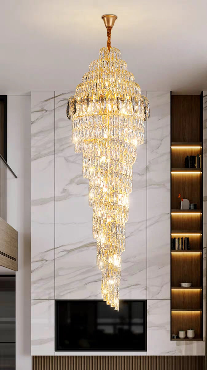 Lustre extra large en spirale moderne en cristal chromé/doré pour hall d'entrée/escalier/hall d'hôtel