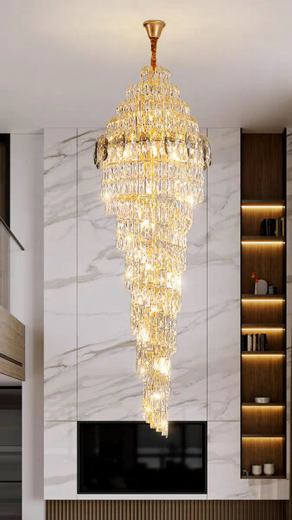 Lustre extra large en spirale moderne en cristal chromé/doré pour hall d'entrée/escalier/hall d'hôtel