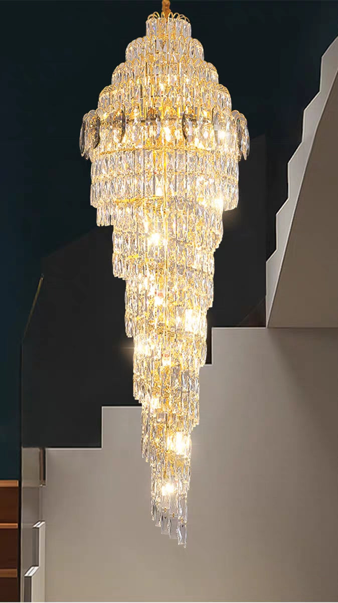 Lustre extra large en spirale moderne en cristal chromé/doré pour hall d'entrée/escalier/hall d'hôtel