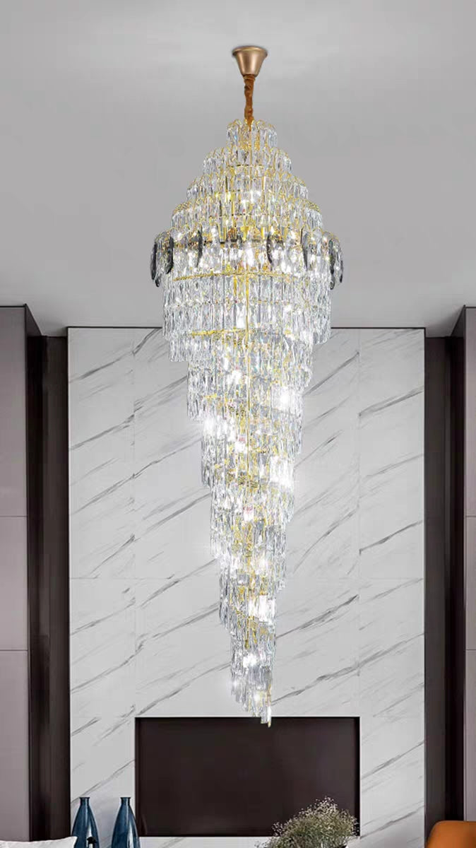 Lustre extra large en spirale moderne en cristal chromé/doré pour hall d'entrée/escalier/hall d'hôtel